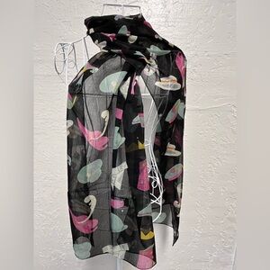 Vintage Black Scarf with Colorful Hat Print - 20” x 72”